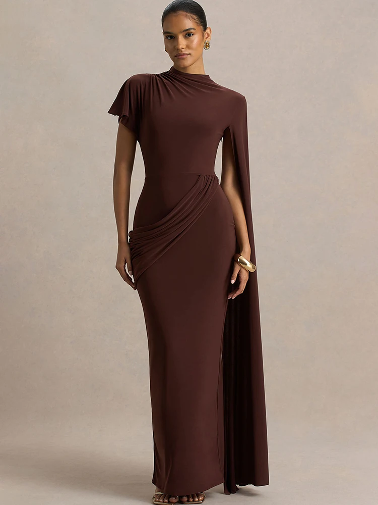 

JULISSA MO Elegant Round Neck Ribbon Maxi Dress For Women Brown Short Sleeve Draped Dress Autumn Skinny Party Evening Dress 2025