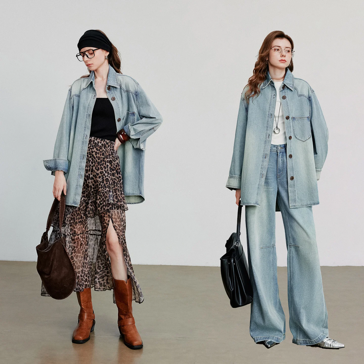 TOYOUTH Female Denim Jacket 2025 Autumn New Turn Down Collar Single Breasted Button Pure Cotton Medium Long Coat