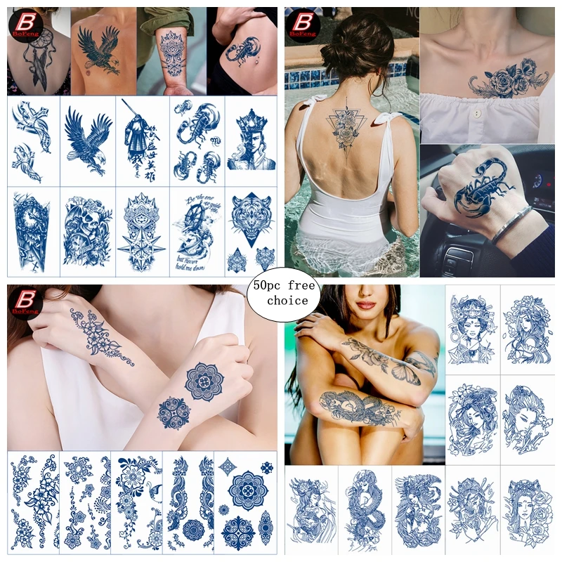 50pc/Set Herbal Juice Wholesale Temporary Tattoo Stickers 7-15 Days Waterproof Lasting Men Women Flower Arm Body Art Fake Tattoo