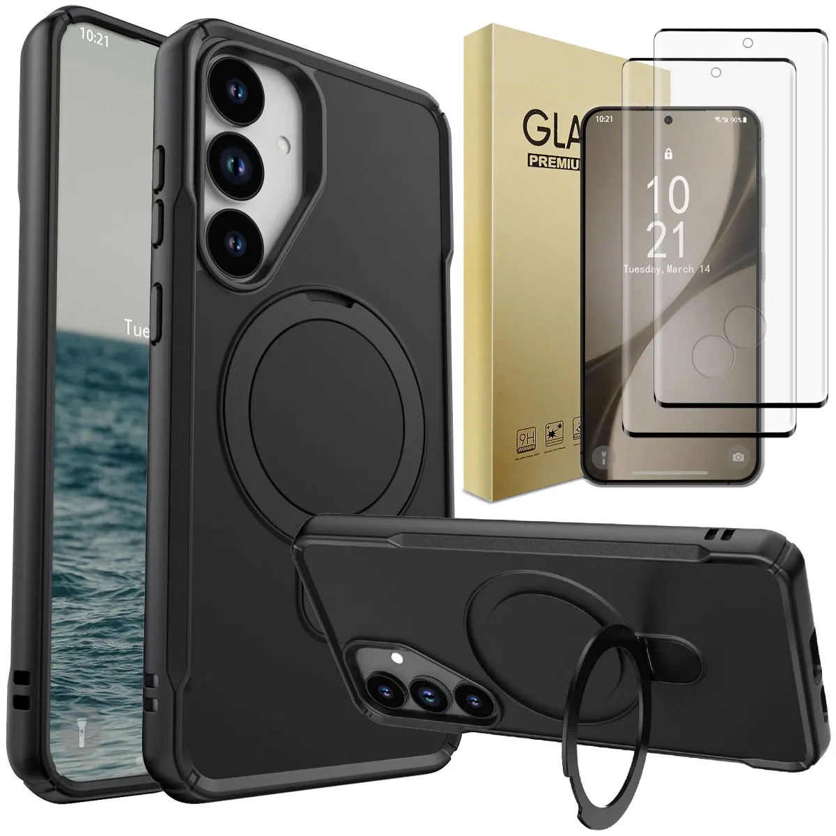 

Black For Samsung Galaxy S24/Plus/Ultra Case Shockproof Kickstand Cover And 2pcs Full Coverage Tempered Glass Screen Protectors