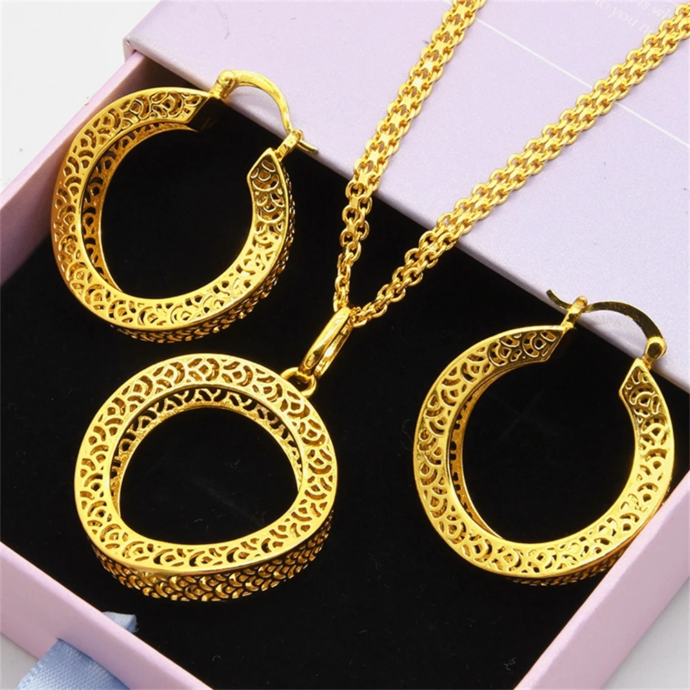 ESALE Hot Selling African Women's jewelry Dubai Italy Gold-plated Necklace Earrings Two Pieces Copper Jewelry Gifts Pendant Set