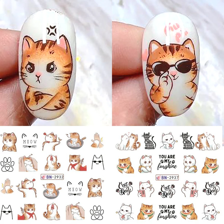 12 sztuk słodki kociak paznokci naklejka wodna Kawaii Anime akwarela projekt folia na naklejki do paznokci Cartoon znak wodny Transfer Manicure suwak — zdjęcie 3