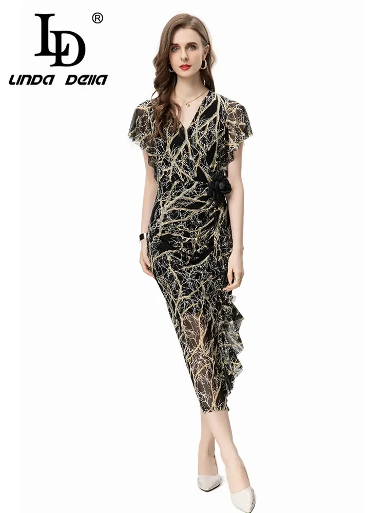 

LD LINDA DELLA Summer Runway Fashion Cotton Dress Women's Vintage Net Yarn Embroidery Appliques Sexy Temperament Dresses