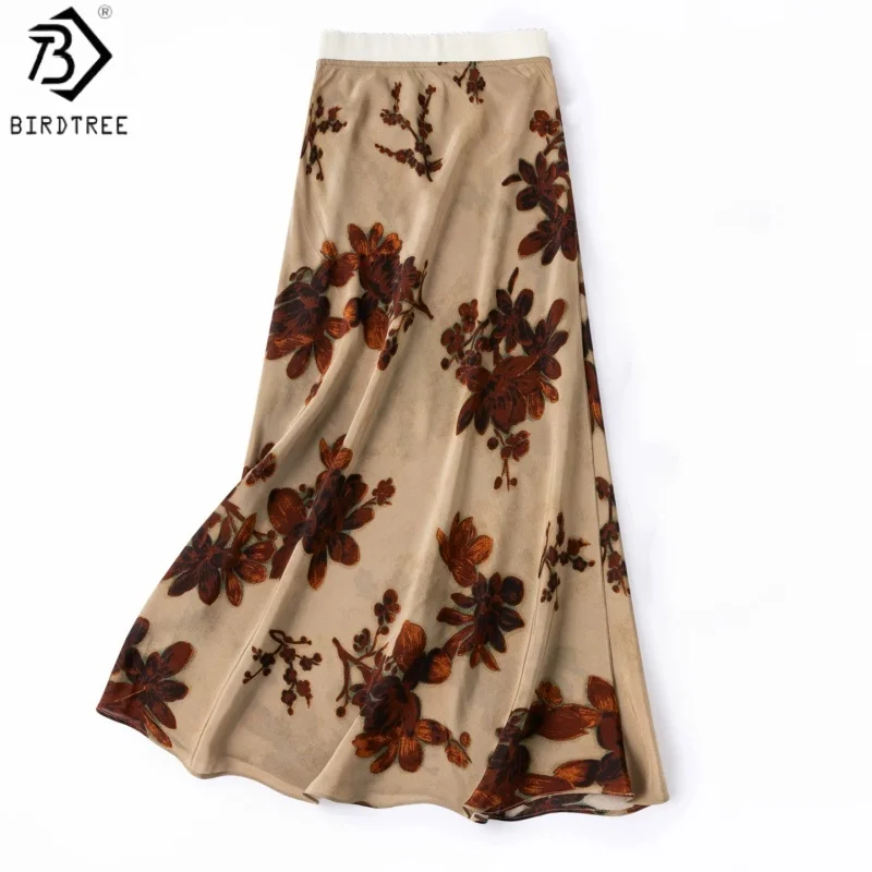 Birdtree, 100% Real Silk Print Bias-cut Skirt, Elastic Waist, Women's Double Crepe Fishtail Skirts, 2026 Autumn New D68517JF