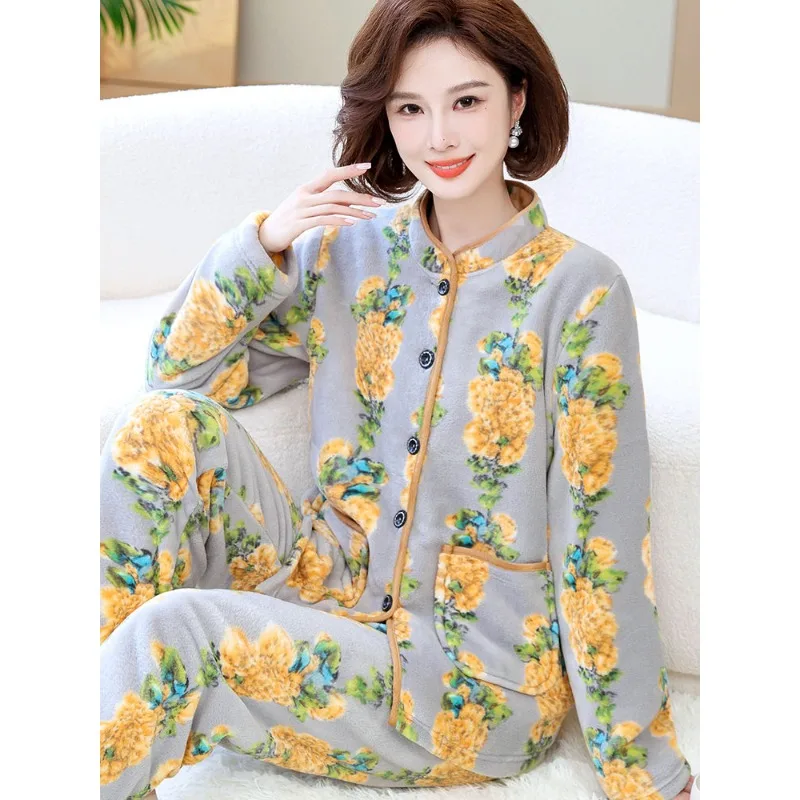 

Pajamas Women's Winter Middle-aged Elderly Thickened Suit Mom Grandma Warm Long Sleeve Spring Autumn Granny Coral Fleece Flannel