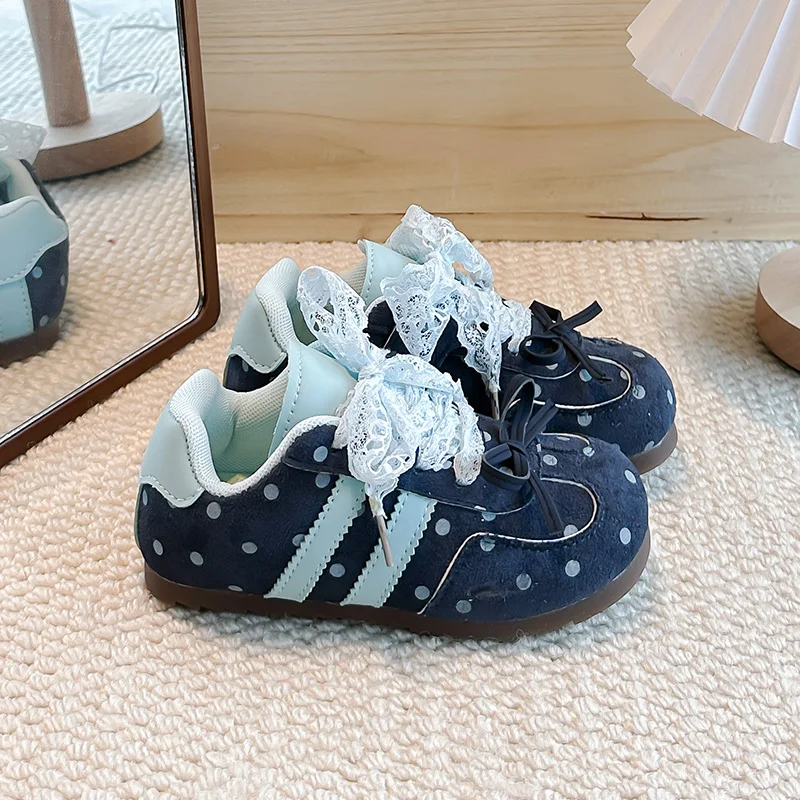 Kids Polka Dot Lace Bow Sneakers, Toddler Girls Vintage German Trainer Shoes, Soft Non Slip Sole Casual Walking Shoes, Navy Blue