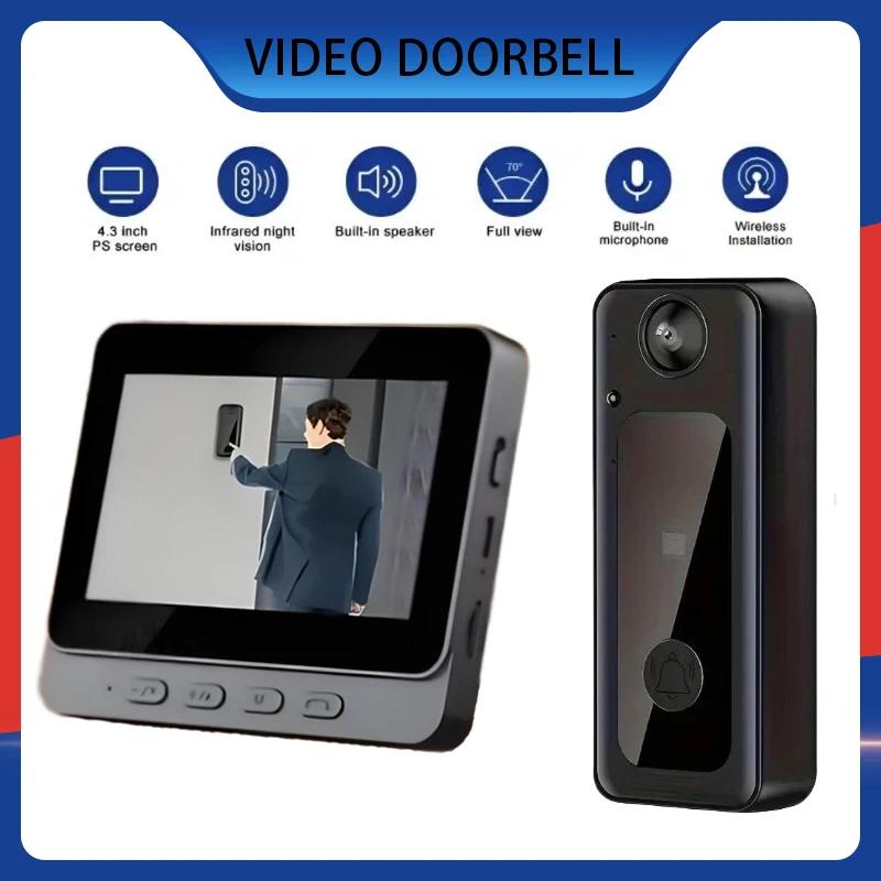 

4.3'' IPS Screen Wireless Video Doorbell Night Vision Waterproof Digital Door Peepholes 2-Way Talk Surveillance Camera Intercom