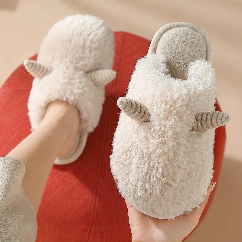 

Cotton Home Slippers For Women Winter Couples Plush Slipper Household Anti-skid Warm Cute Sheepskin Wool Slippers For Men