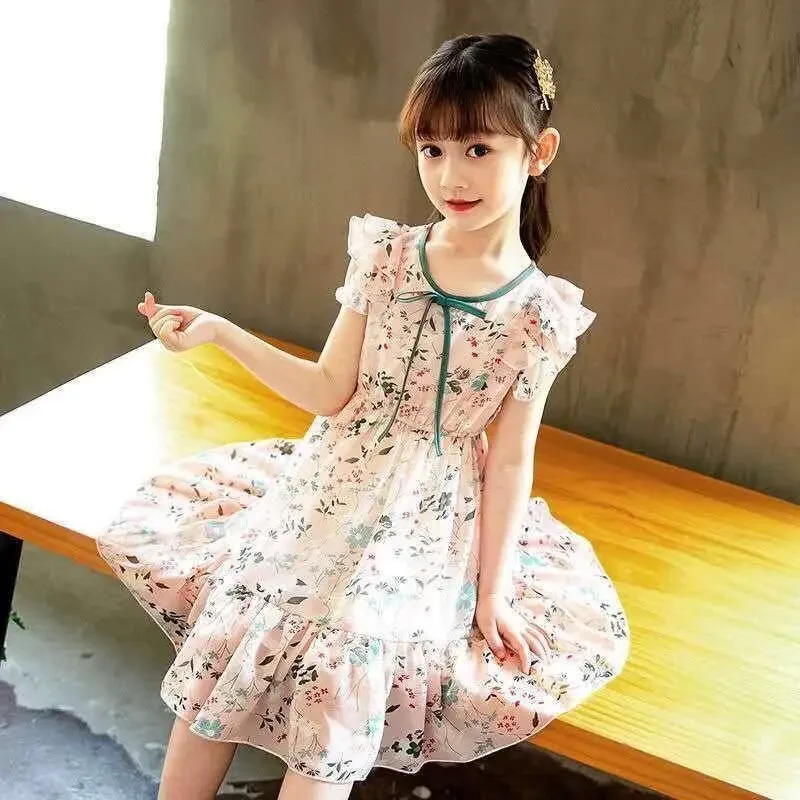 Summer Dress Girls Student Fashion Baby Party Princess Prom Tie-up Chiffon Dresses 2 3 4 5 6 7 8 9 10 12 Years Old Kids Clothes