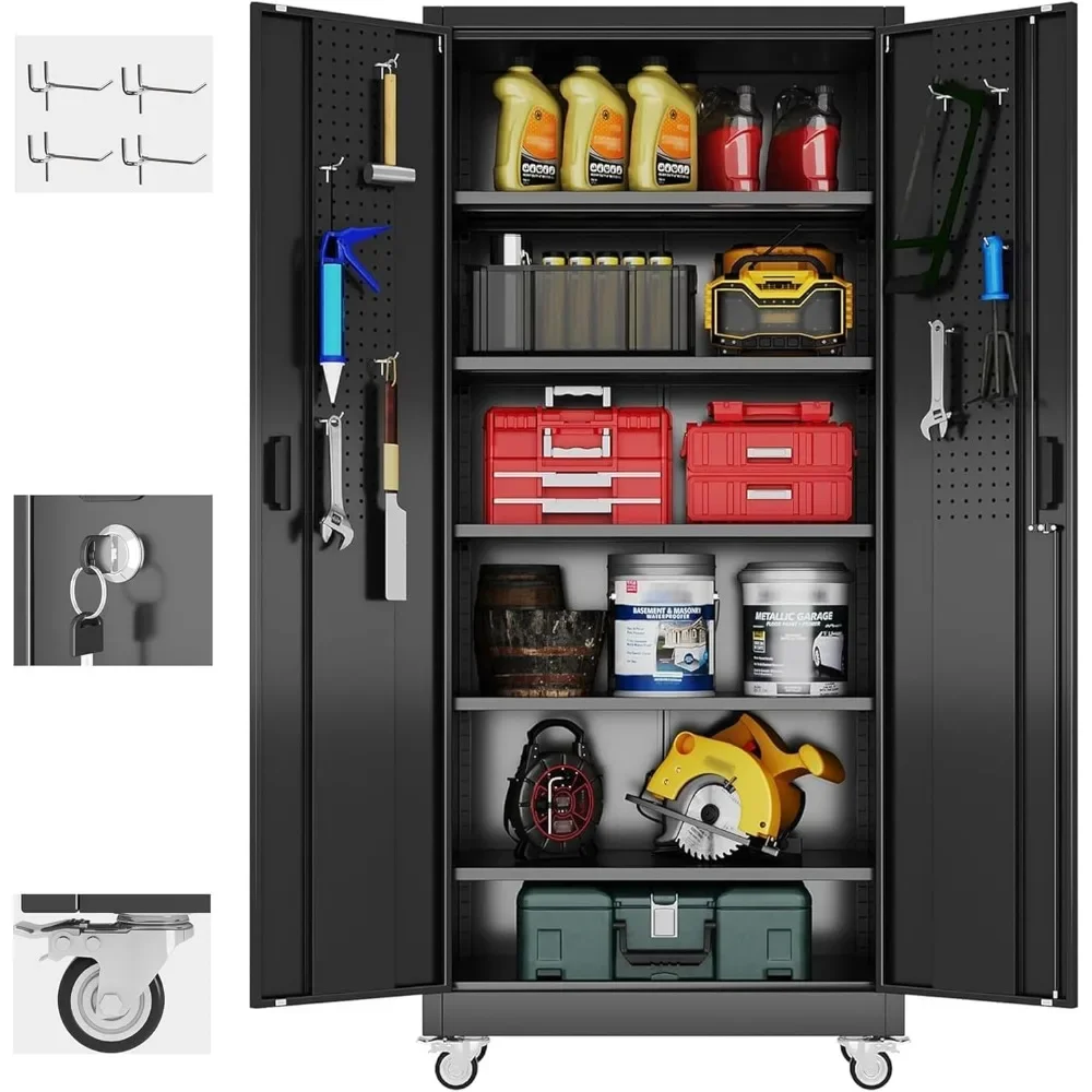 

Garage Storage Cabinet with Door Pegboard,Lockable Metal Storage Cabinet with 5 Adjustable Shelves for Garage, Customized