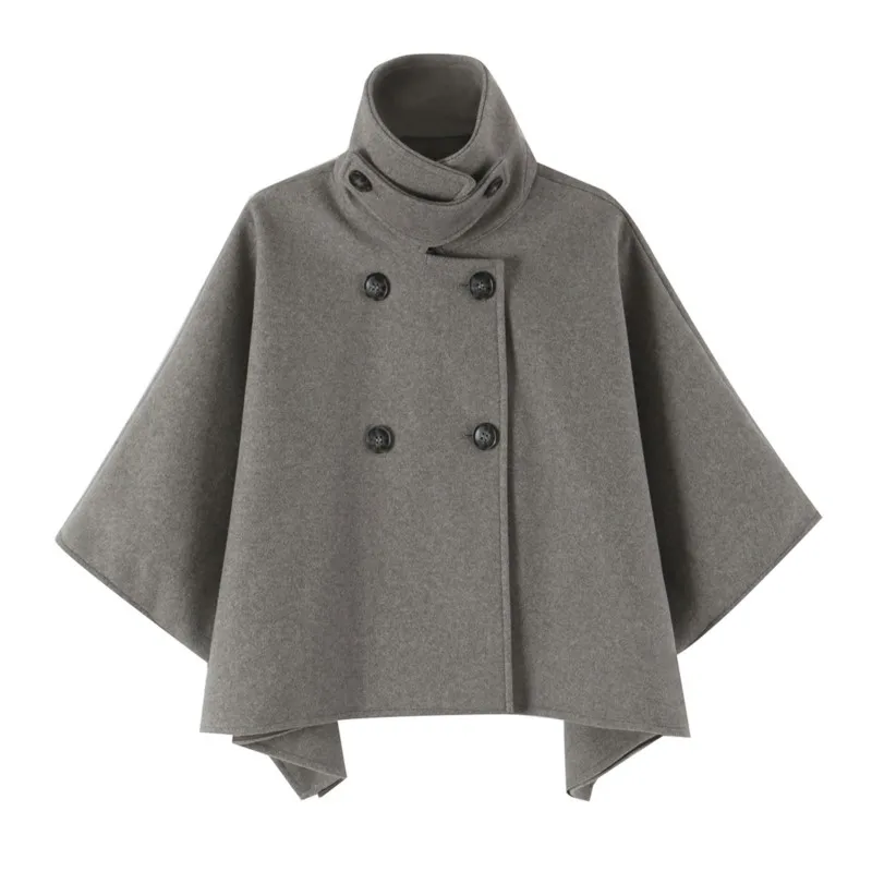 Women's Cape Coat 2026 Autumn New High Neck Double Breasted Coats Casual Fashion Female Elegant Outerwear