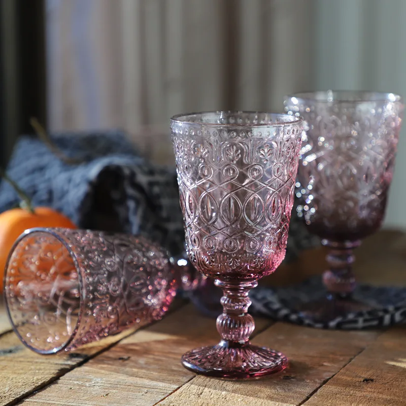 Vintage Embossed Auspicious Cloud Pattern Glass Cup, Colored Goblet, Wine Water Glass, Pressed Skyblue Green Purple, 270ml, 9oz