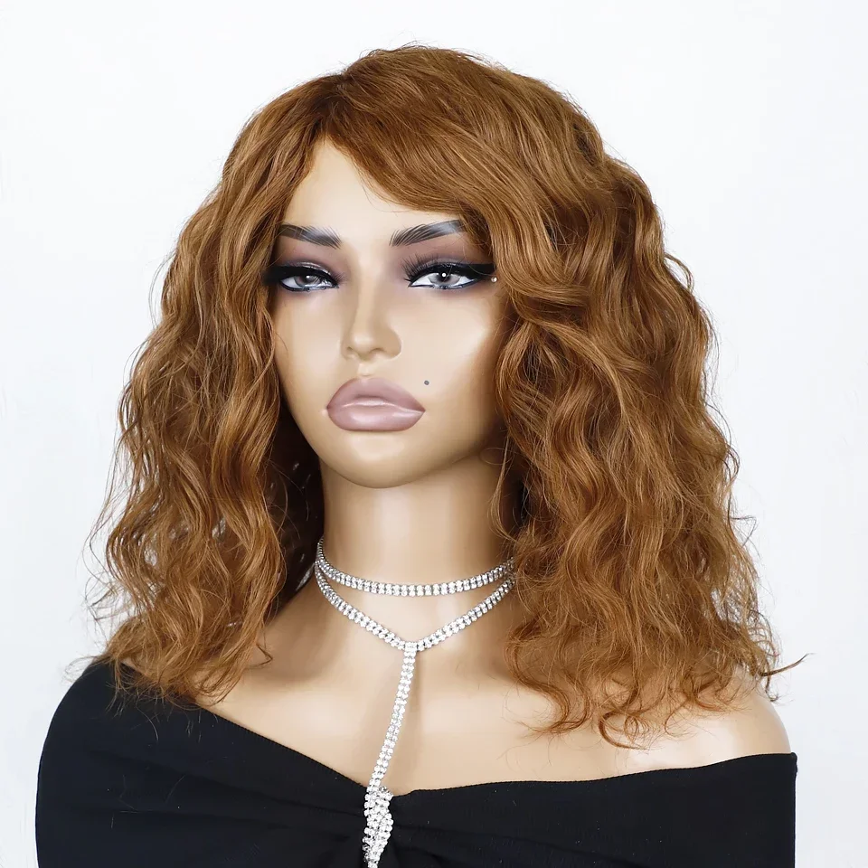 

Big Fluffy Brown Mixed Blonde Glueless Bob Curly Wig With Fringe Bangs Honey Curly Bob Wigs Human Hair Side Part Pre Plucked