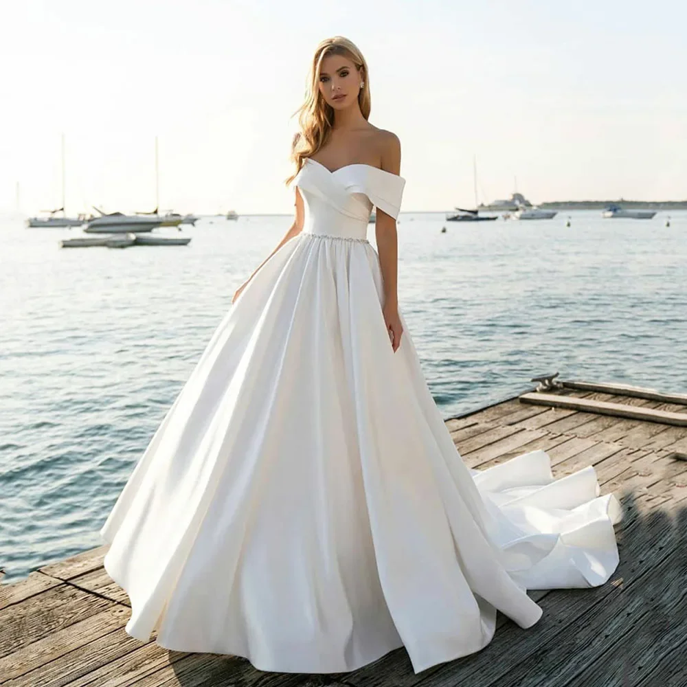 

Customized Off The Shoulder Short Sleeve Sweetheart Neck Lace Up Back Shiny Beading Waist Satin A-Line Wedding Dresses