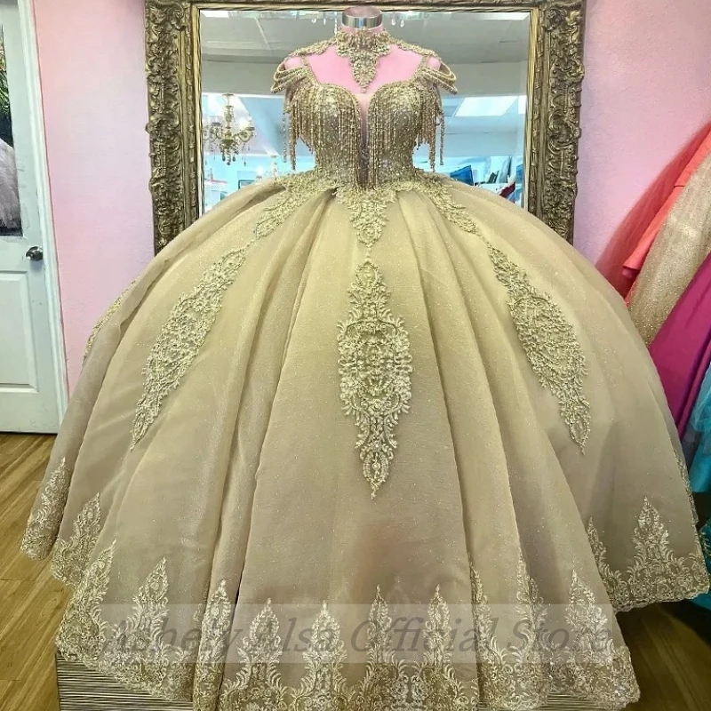 Custom Made Saudi Arabic Princess Beaded Quinceanera Dresses High Neck Crystal Ball Gown Prom Birthday Party Gown Vestido 15 16