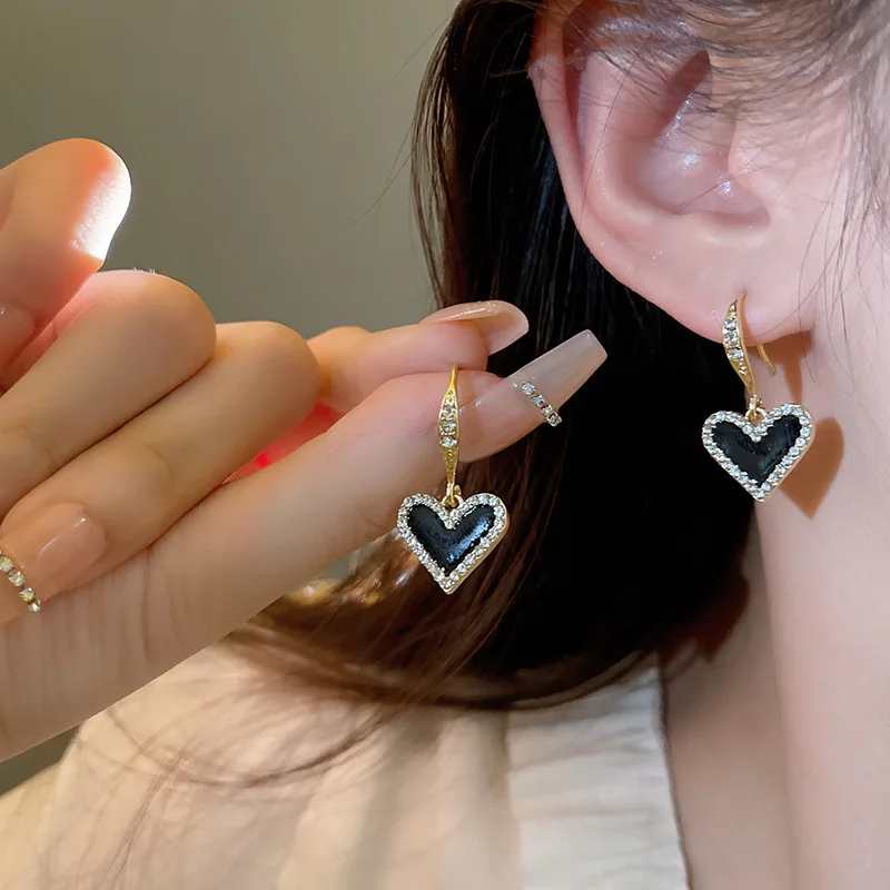 Rhinestone Heart Drop Earrings Black Heart Earrings Simple Korean Fahion 925 silver Needle Luxury Earrings for Women