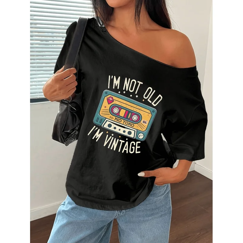 Shoulder Loose Print T-Shirt Oversized Y2K Style Graphic Tees Women Tops Summer Off The Shoulder Top,Retro Cassette Tape Graphic