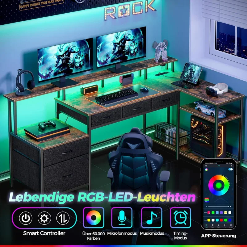 مكتب على شكل حرف L، مكتب كمبيوتر مع مقبس، حامل شاشة LED، مكتب زاوية قابل للعكس مع أدراج،