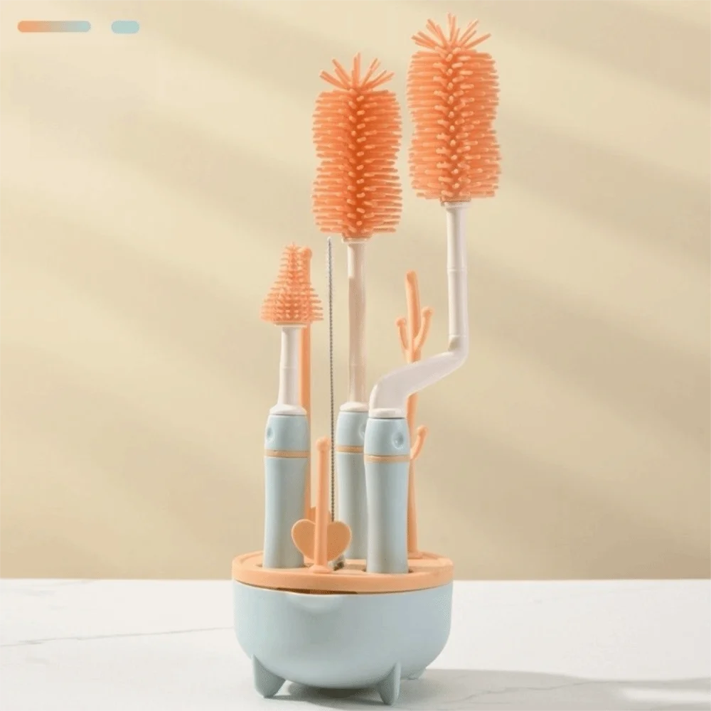Soft Head Baby Bottle Cleaner Set Long Handle Nipple Dropper Bottle Cleaning Brush 360 Degree Rotation Silicone