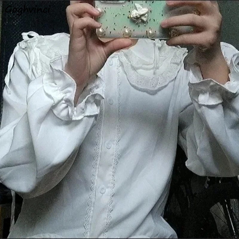 

Повседневные рубашки женские милые на пуговицах кружевной воротник Питера Пэна универсальная базовая одежда Ulzzang нежная шикарная горячая распродажа милая красивая