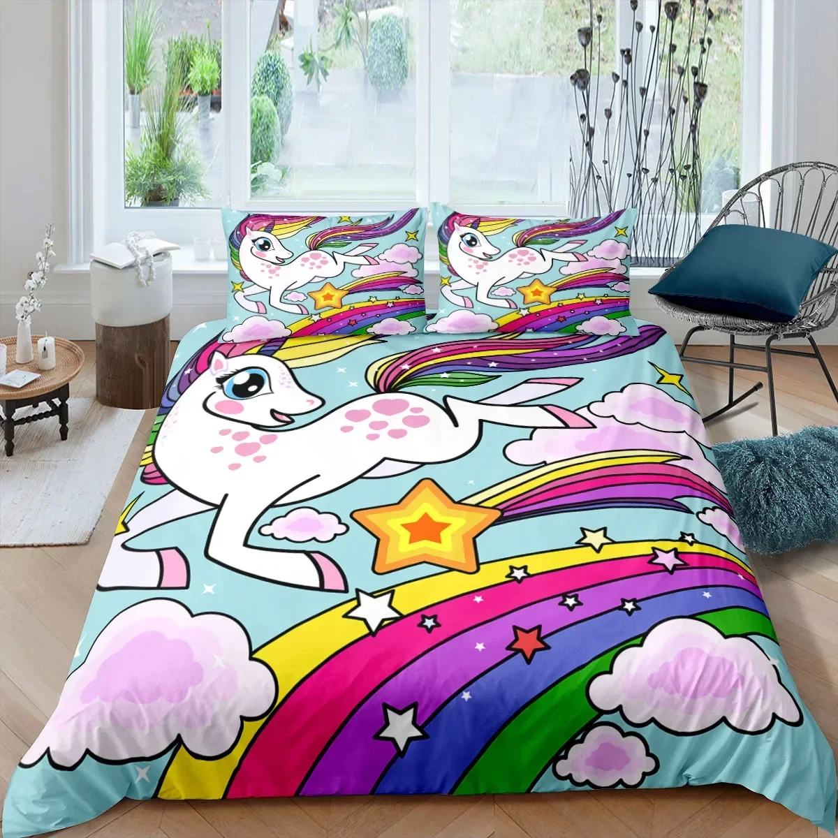 3D Colorful Unicorn Comfortable Duvet Quilt Cover Pillowcase Bedding Set Children Bedroom Decoration Home Textile