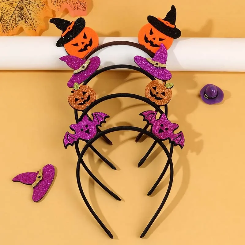 ncmama 4Pcs/set Halloween Pumpkin Bat Headbands for Kids Girls Cute Glitter Witch Hat Hairbands Headwear Girl Hair Accessories