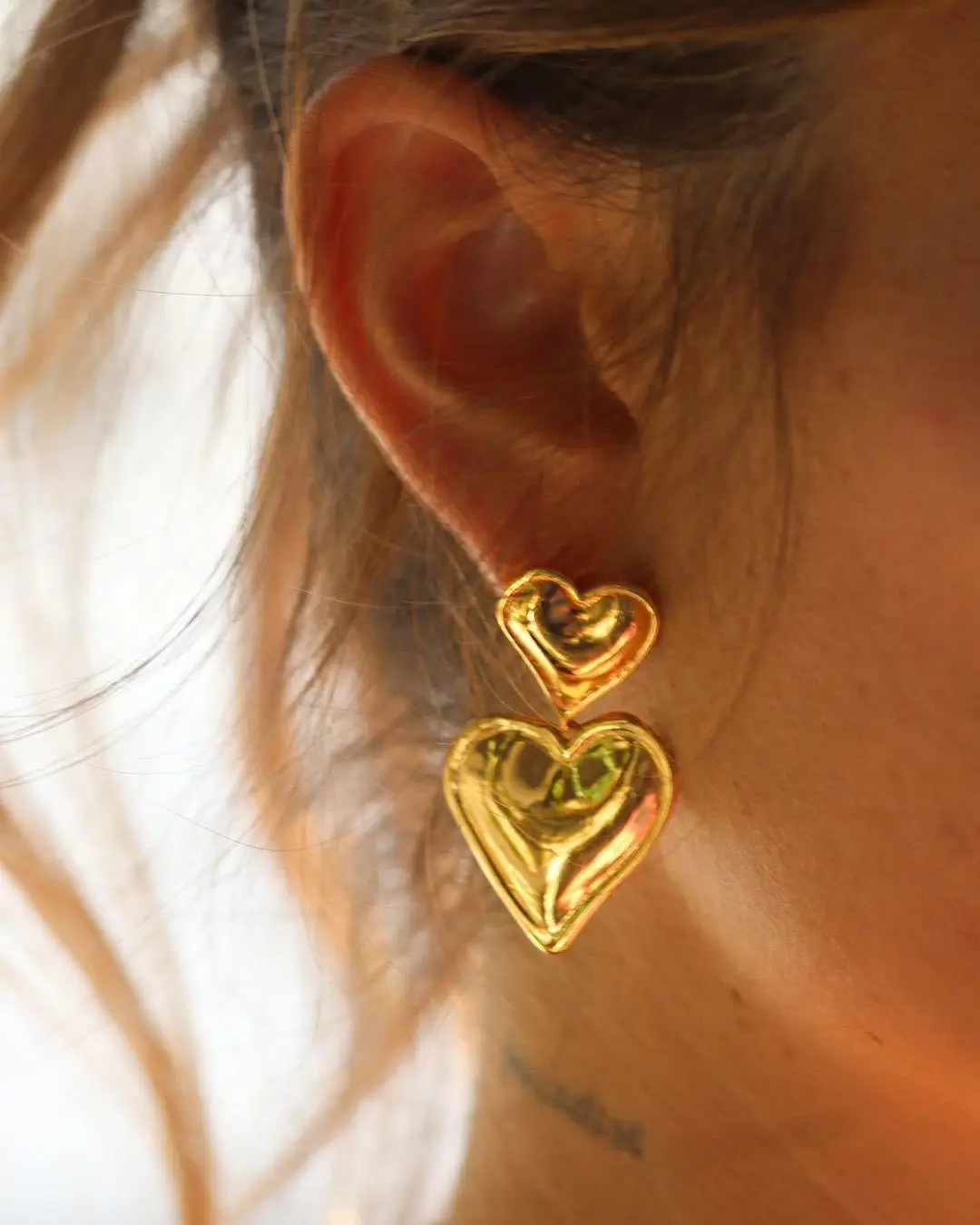 Vintage Irregular Metal Stud Earrings 18K Gold Plated Punk Double Heart Shaped Europe and America for Women Fashion Jewelry Gift image 2