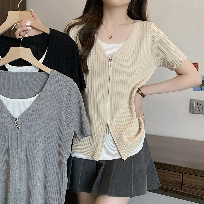 XL-4XL Oversized Fake Two-piece T-shirts Women 2023 Summer Short-sleeve Zipper Large Size Tops Ice Silk Knitted Tshirt Spliced
