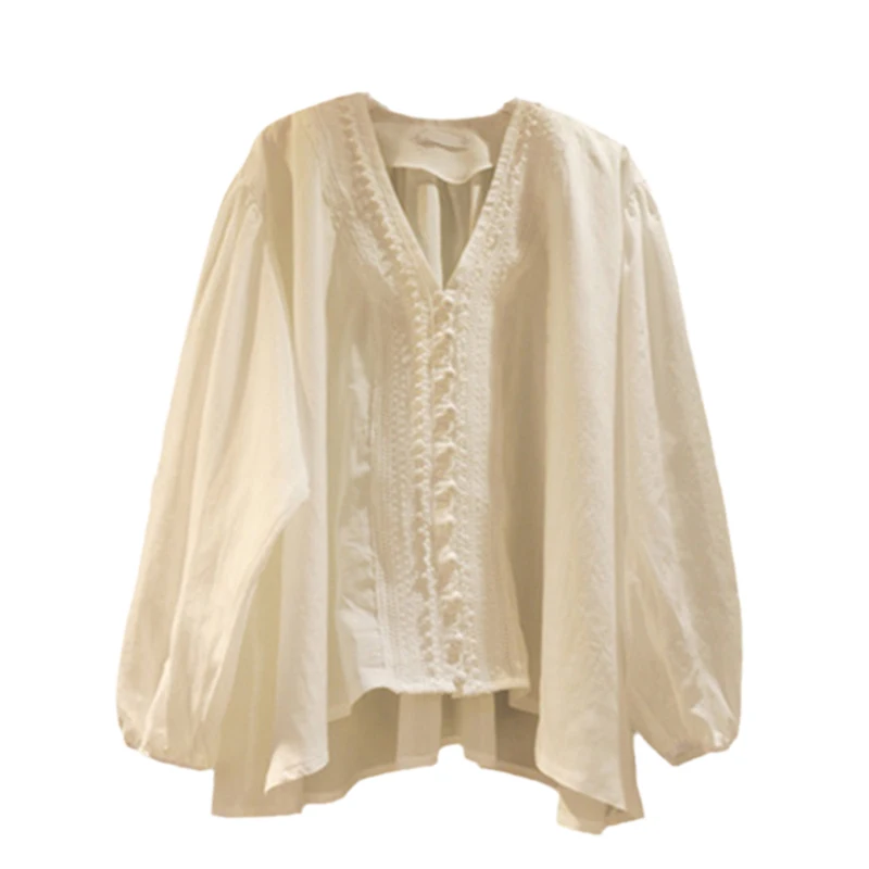 

SuperAen, весна 2025, новый корейский стиль, модные свободные однобортные плиссированные топы с пышными рукавами и v-образным вырезом для женщин, милая кружевная рубашка