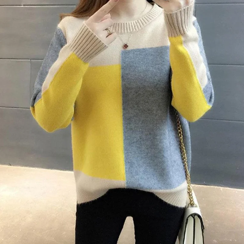 Autumn Women Patchwork Knitted Warm Sweater O-Neck Long Sleeve Sweet Pullovers Women Loose Casual Sweater Winter 2023