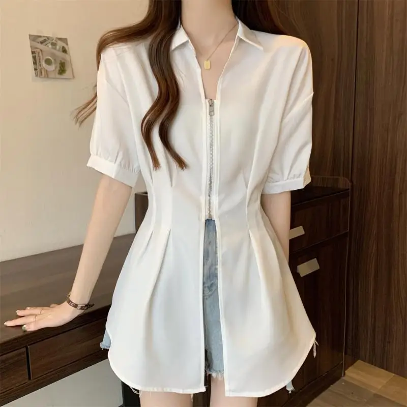 Lapel Collar Fashion Zipper Short Sleeve Women Summer Large Size Corset Age Reduction Temperament Solid Color Loose Casual Tops