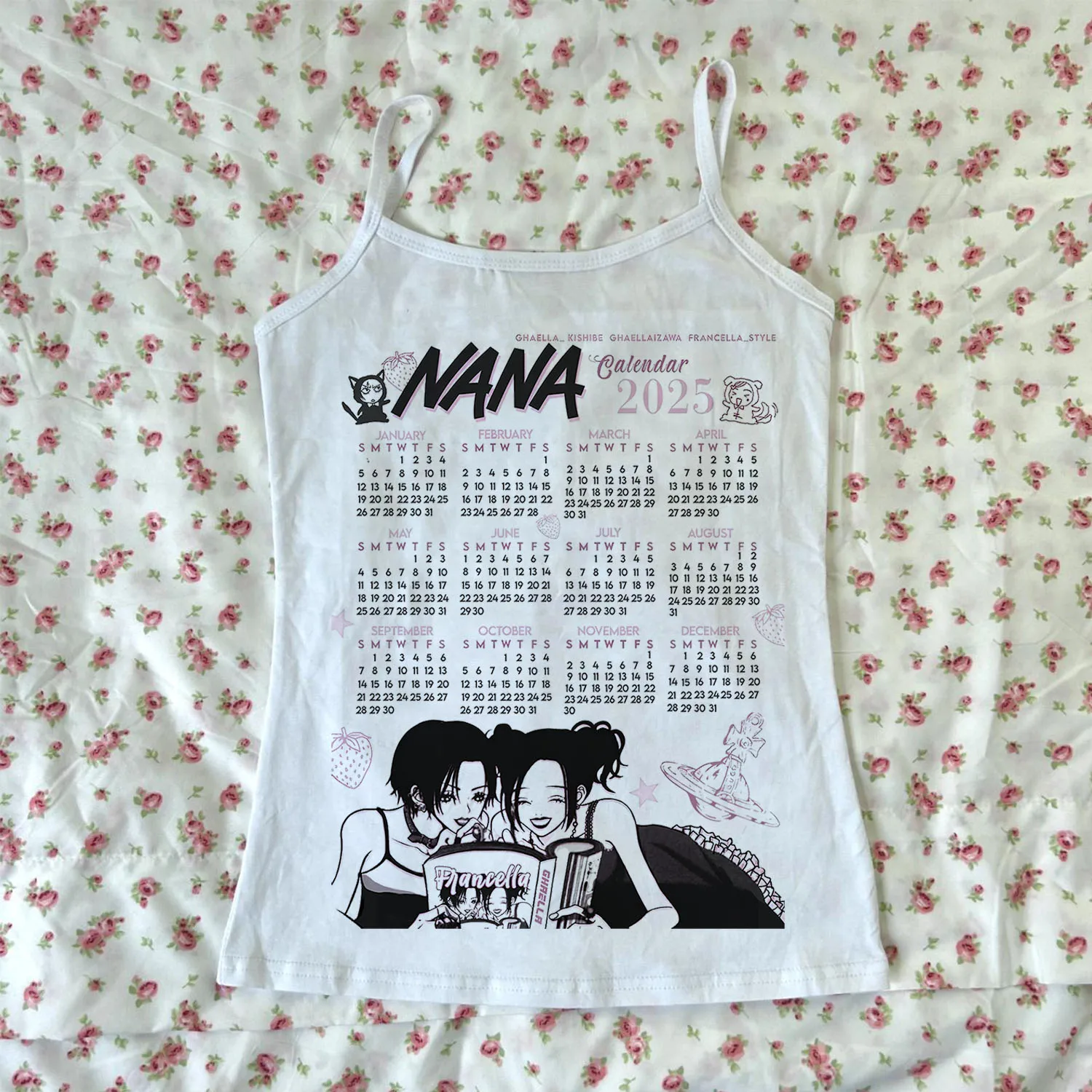 

Y2k Anime 2025 Calendar Pattern Printed T-shirt Harajuku Street Top Retro Gothic Women's Fashion Rock Punk Sleeveless Tank Top a