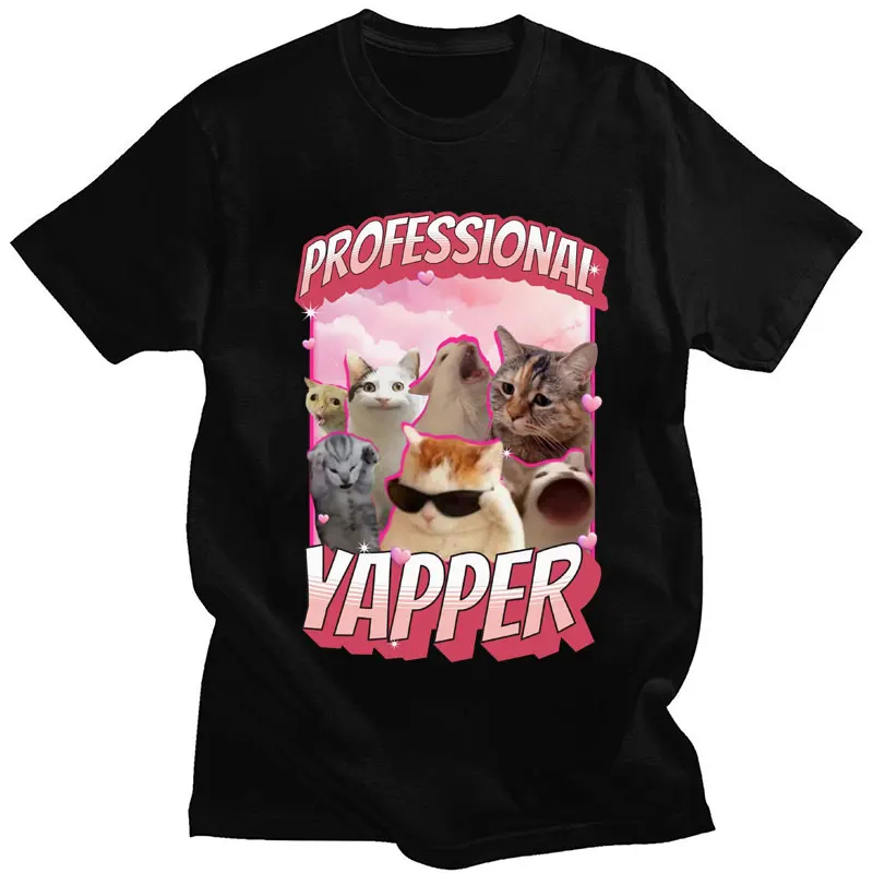 전문 Yapper Meme 고양이 프린트 티셔츠, 남성 여성 패션, 재미있는 반팔 면, 캐주얼 크리에이티브 티셔츠, 스트리트웨어