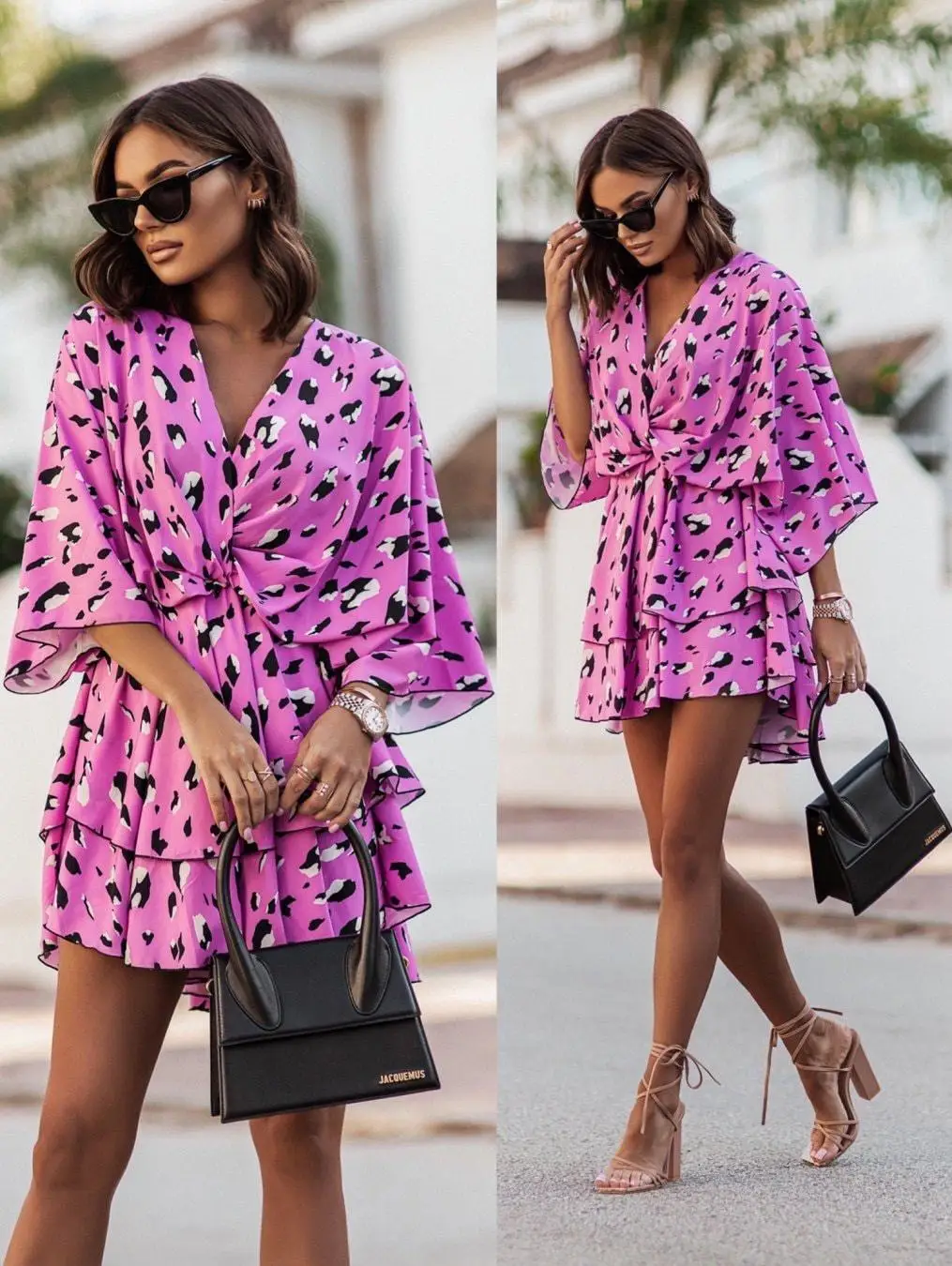 2024 Nowa letnia mini spódniczka damska V Neck Bat Sleeve High Waist Ruffle Flower Print High Street Dress dla kobiet