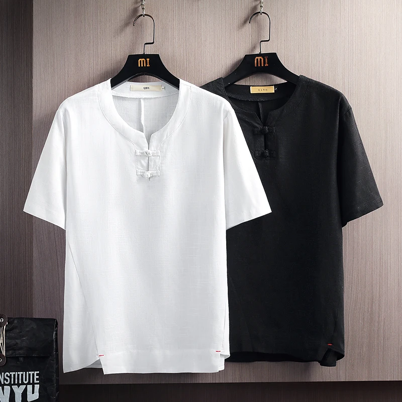 

Мужская льняная футболка-поло с коротким рукавом, хлопково-льняная, в китайском стиле, на пуговицах, модная, винтажная, в стиле Тан