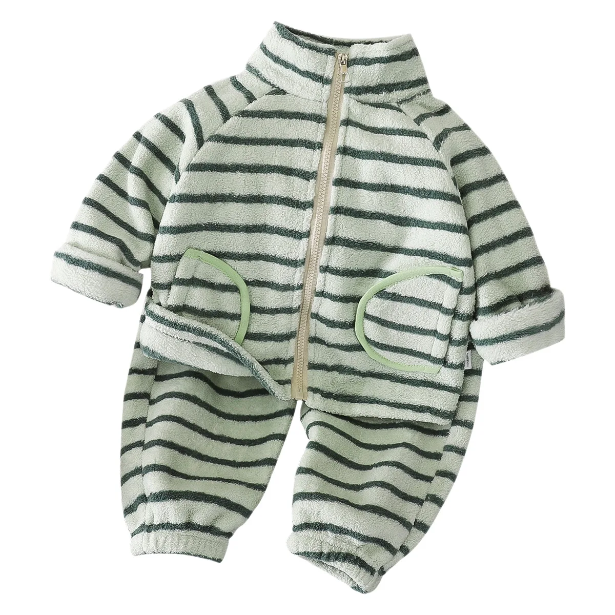 Toddler Winter Striped Coral Fleece Outfit Set Kids Stand Collar Full Zip Jacket & Pants Pajamas Boys Girls Thick Warm Tracksuit