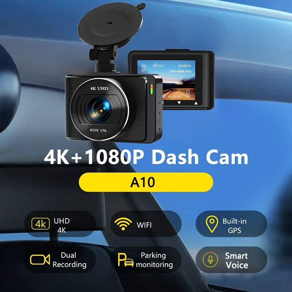 Dash Cam UHD 4K+1080P Dual Lens Car Recorder With WiFi GPS Tracker HD 2160P IR Night Vision Camcorder G-Sensor Car DVR Black Box