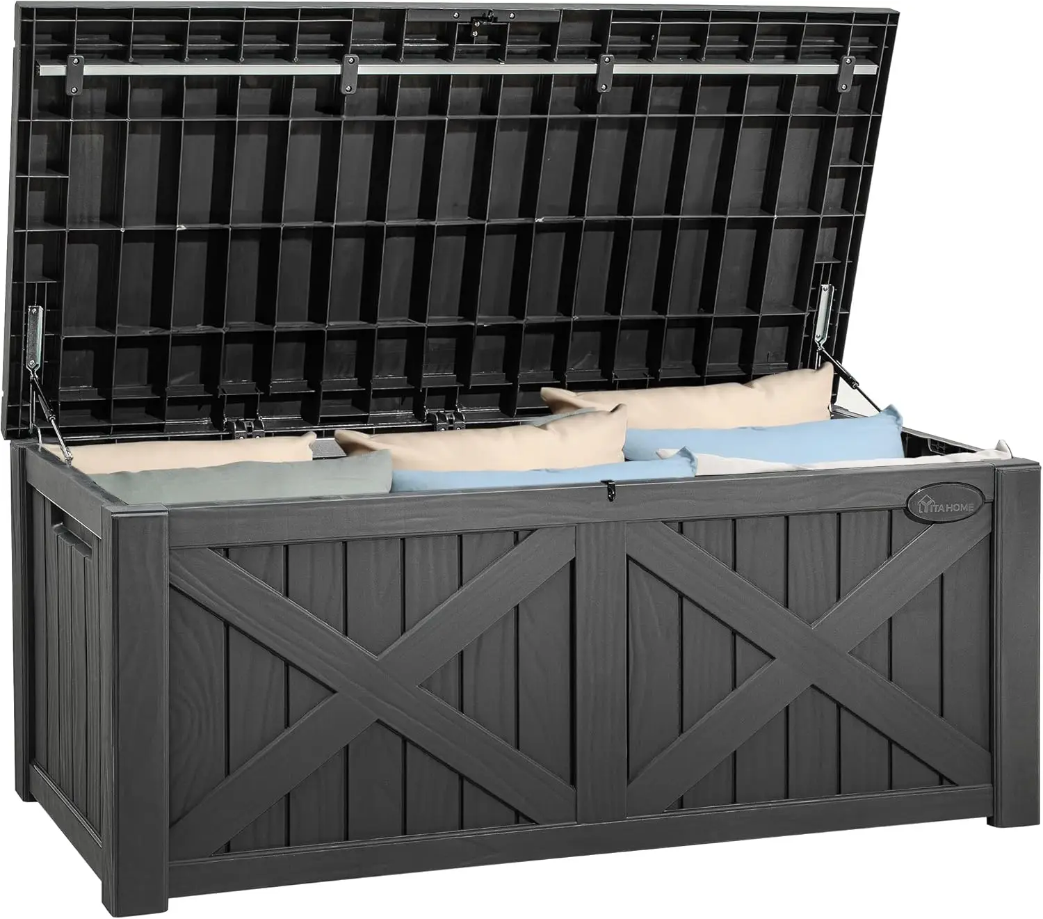 

120 Gallon Large Deck Box X-Shaped Front, Resin Outdoor Storage Boxes, Waterproof Cushion Storage Bench for Patio,Pool Supplies
