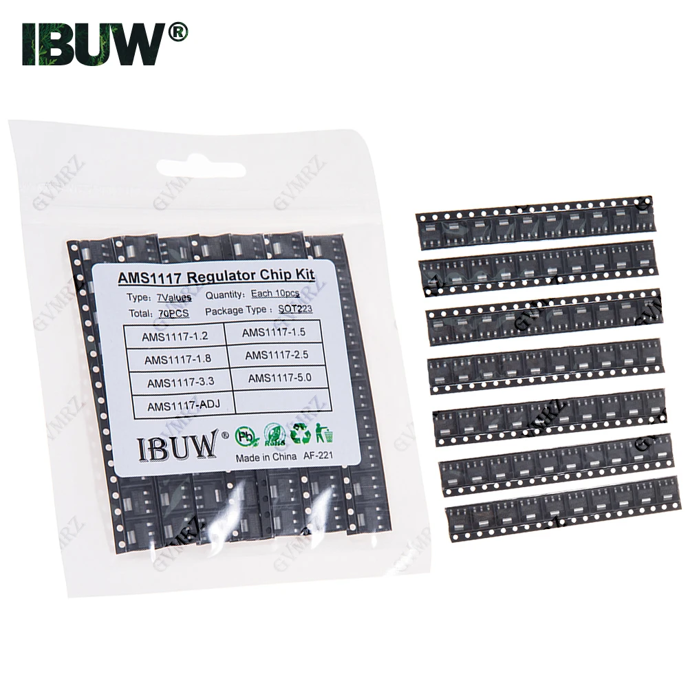 70 peças 7 valores ams1117 kit de chip regulador sot223 (1.2/1.5/1.8/2.5/3.3/5.0/adj) para arduino diy projeto de fonte de alimentação eletrônica