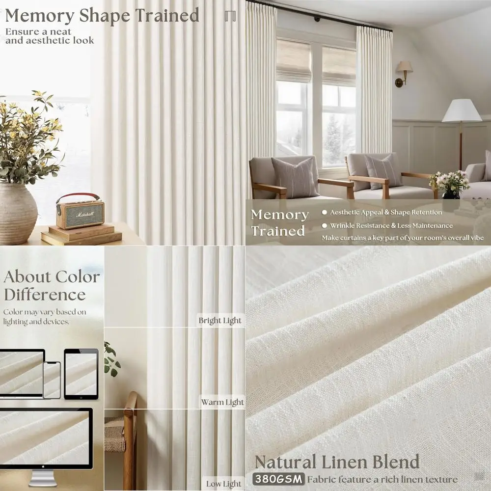 

Плиссированные льняные шторы, длина 84 дюйма, 2 панели, цвет кремово-бежевый, в стиле бохо, полупрозрачные, с крючками и кольцами для крепления.