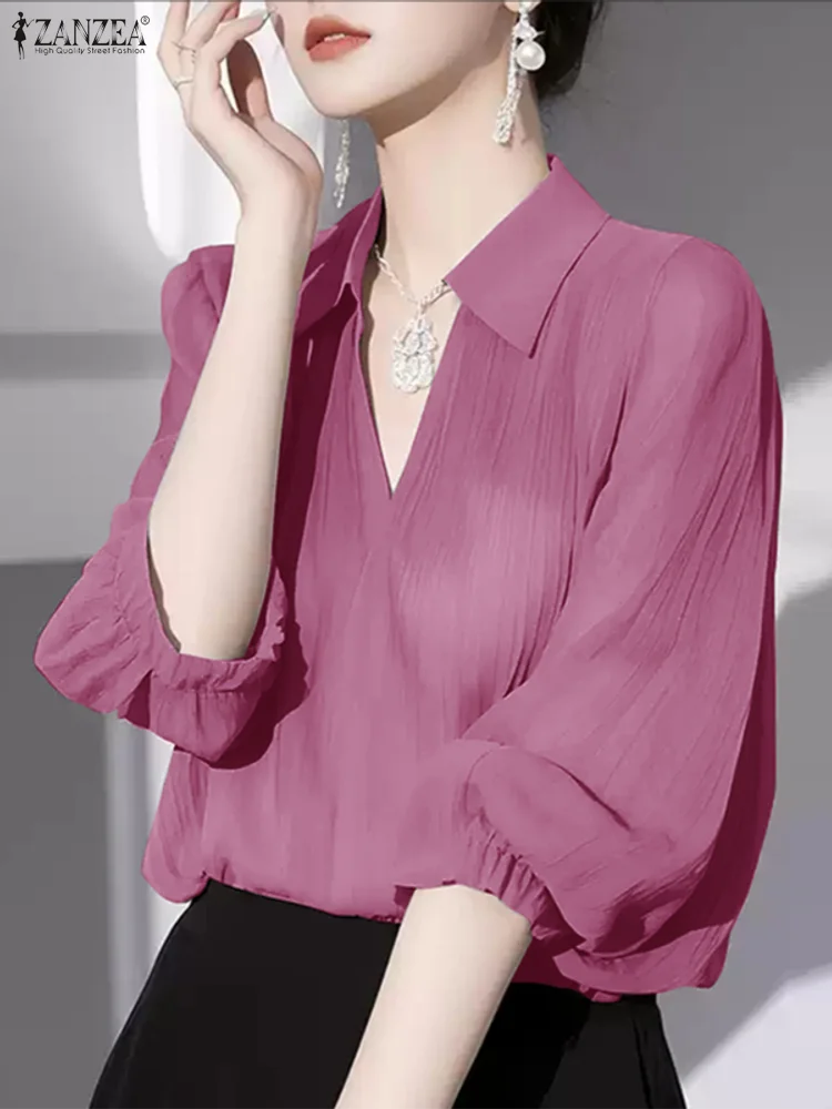 Outono blusas zanzea elegante ol blusa moda com decote em v camisas femininas 2025 casual 3/4 puff manga sólida coreano oversized túnica topos