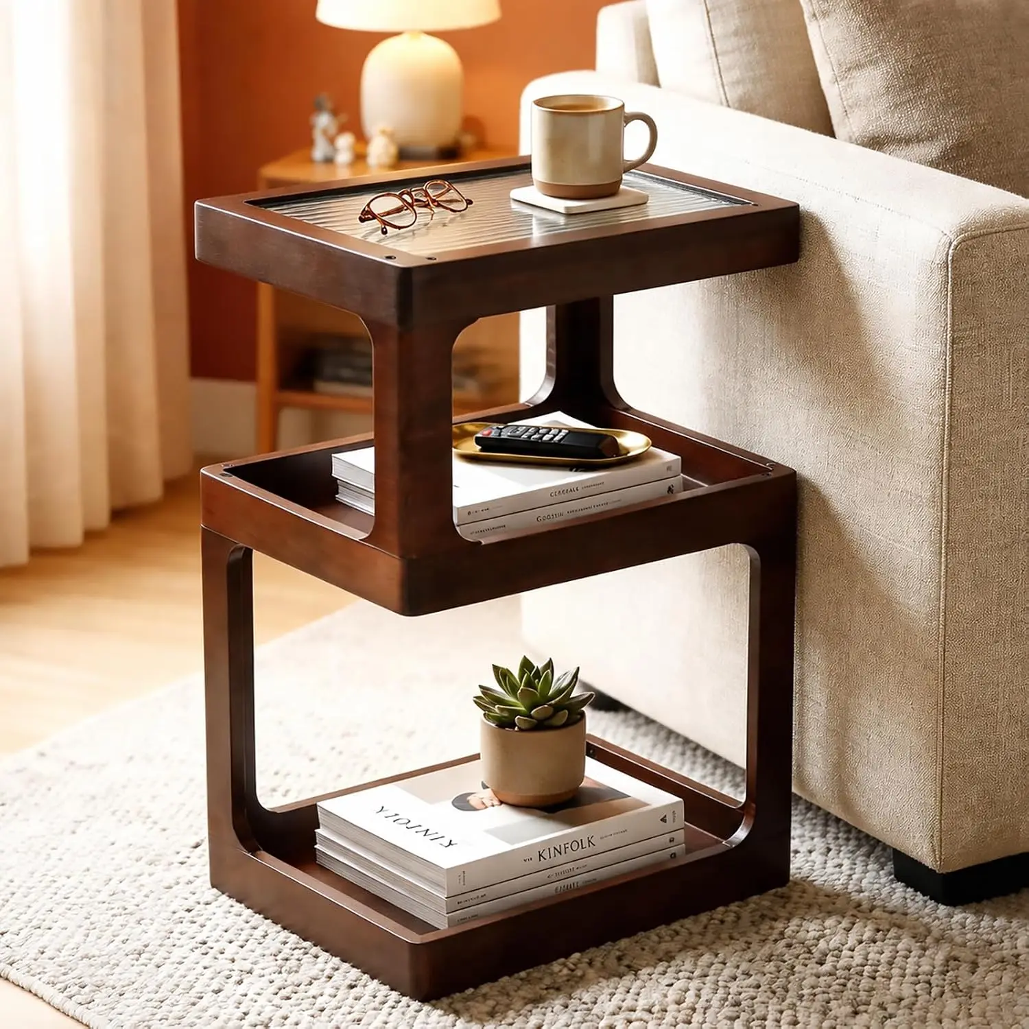 Solid Wood End Table with Lockable Swivel Casters,3-Tier Side Table,Pine Accent Table with Open Storage for Living Room, Bedroom