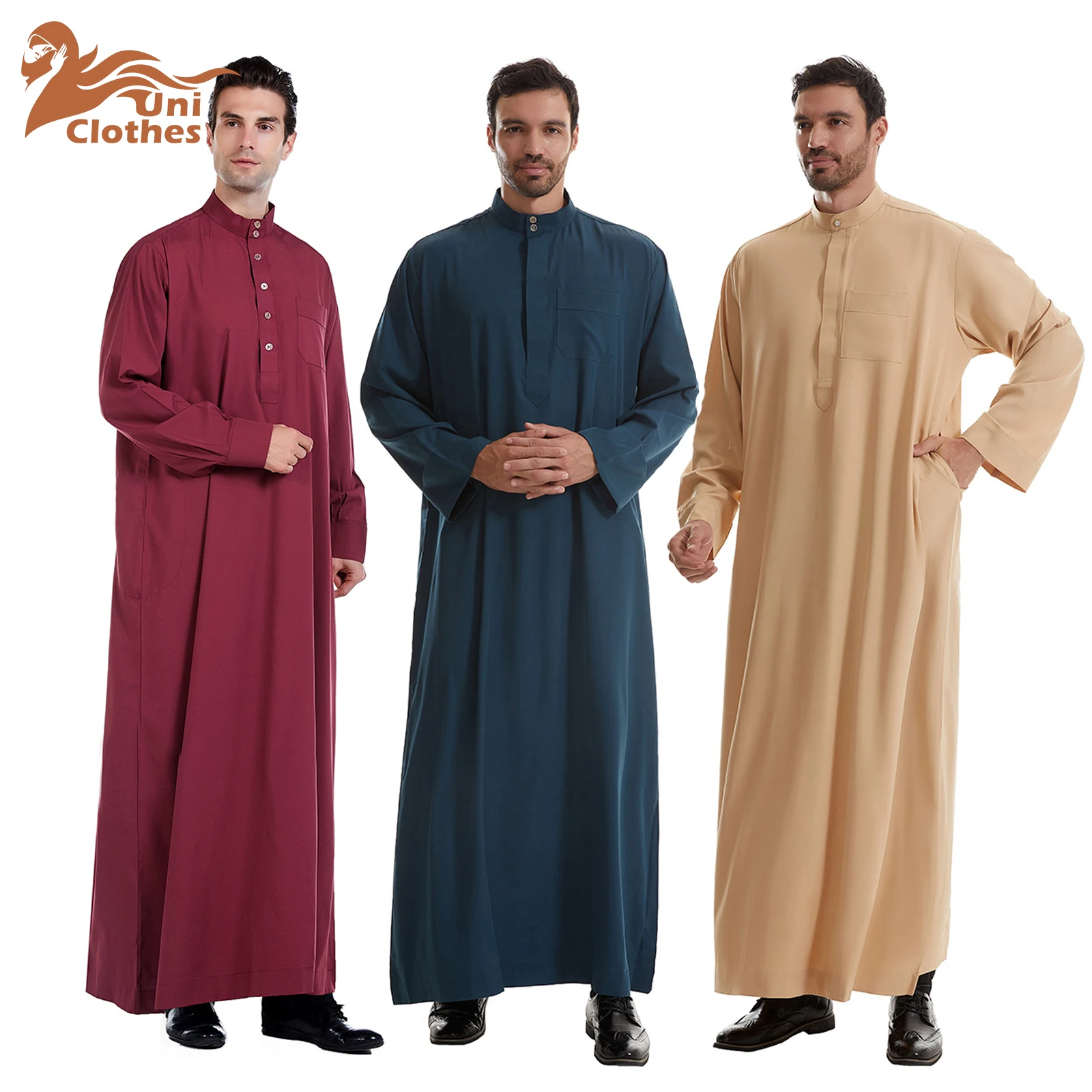 UNI musulmán Eid Ramadán hombres bata de manga larga Arabia Saudita Abaya Thobe Jubba Thoub Dubai Daffah Kaftan vestido árabe islámico caftán