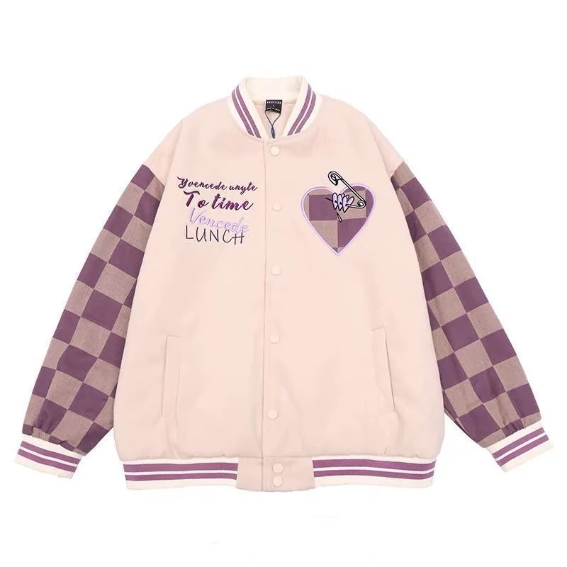 

New Arrival Checkerboard Women Jackets American Casual Loose HipHop Baseball Coats Student Embroidery Winter Coats for Female