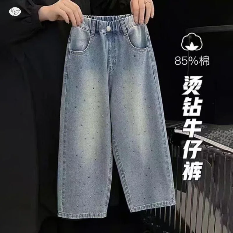 

Girls' Hot Stamping Jeans Spring and Autumn New Style Children's Loose Straight Leg Pants Korean Version Girls' Wide Leg Pants