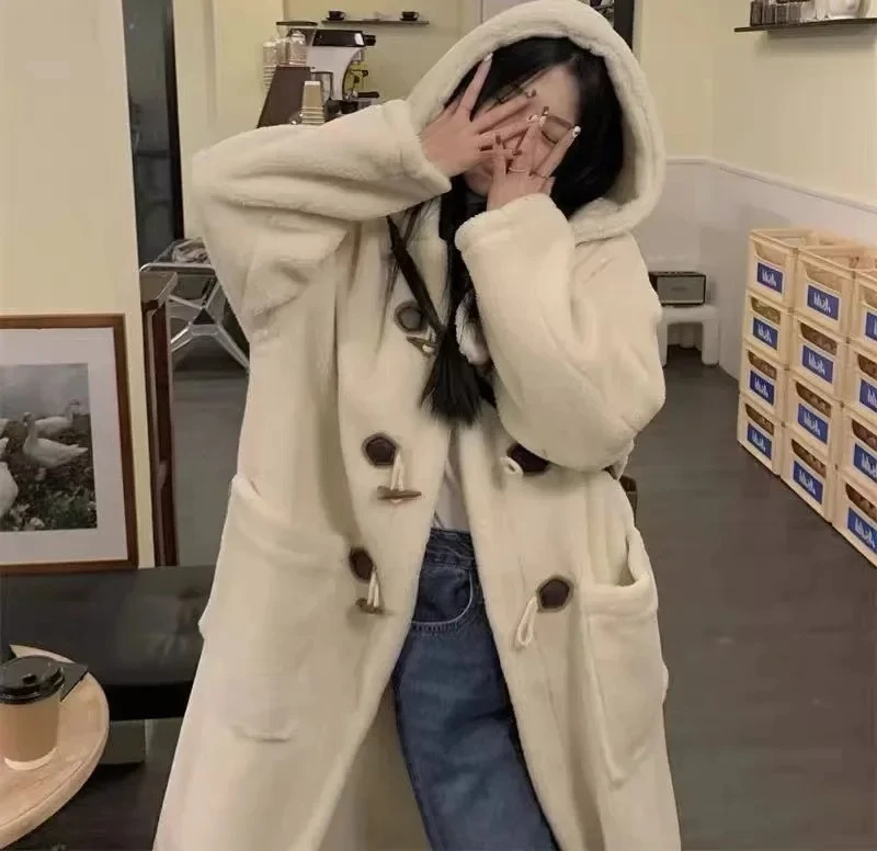 

Long Lamb Fur Jacket Women's Autumn Winter Warm Hooded Coat Button Design College Style Coat Female Outerwear Coat