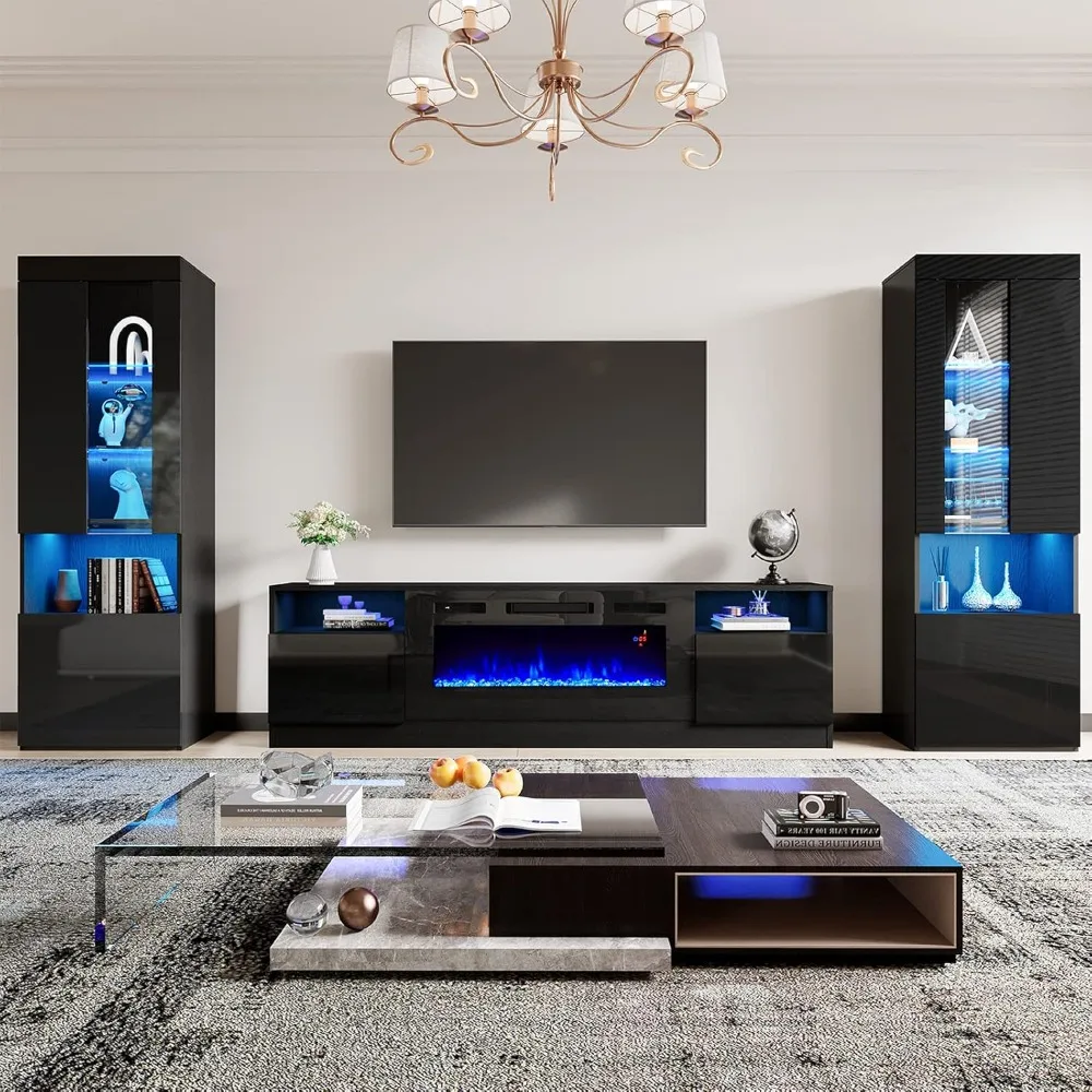 

Fireplace Entertainment Center Set, Includes 80" Fireplace TV Stand & 2 LED Highgloss Bookcases, Modern Storage Cabinets