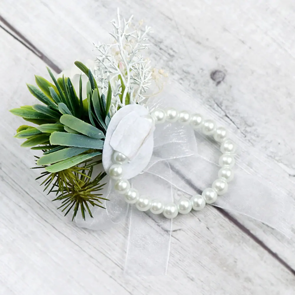 

White Green Wedding Wrist Flower Artificial Bridal Bracelet Elegant Banquet Party Decoration Wedding Photos Wrist Flower
