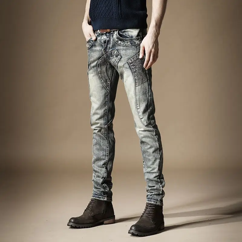 

Men's Clothing Spring and Autumn Vintage Washed Jeans Straight Hip-Hop Stitching Old Motorcycle Denim Trousers