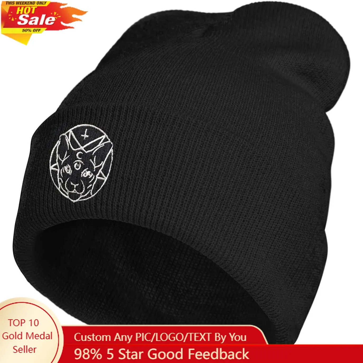 

Satanic Kitten Cat Pentagram Embroidery Beanie Hat for Men Women Winter Warm Stretch Skull Knit Hats Cap Black